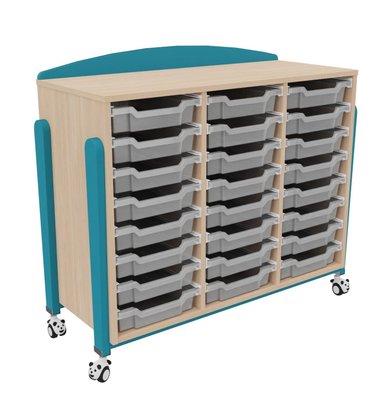 Mobilier - Meuble de rangement scolaire - Meuble mobile à roulettes colonne 24 bacs tiroirs teinte