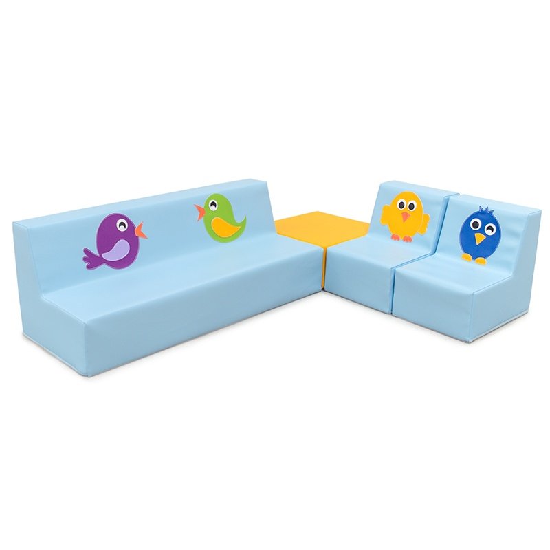 Ensemble canapé, fauteuils et table en mousse avec dessin oiseaux bleu