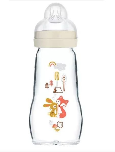 Biberon Verre MAM 260ml 0 à 6 mois Tétine Débit 2 - Beige