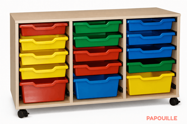 Mobilier - Meuble de rangement scolaire - Meuble 3 colonnes avec 12 petits bacs et 3 grands bacs de rangements
