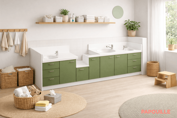 Change - Meuble à Langer crèche - Meuble à langer 1 baignoire, 2 lavabos, 1 change debout - 330 cm