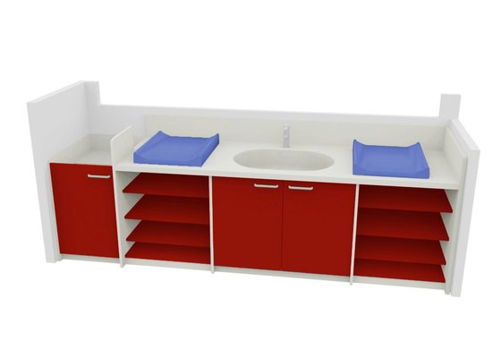 Change - Meuble à Langer crèche - Meuble à langer 2 plans à langer 1 cuve avec escalier rouge cerise