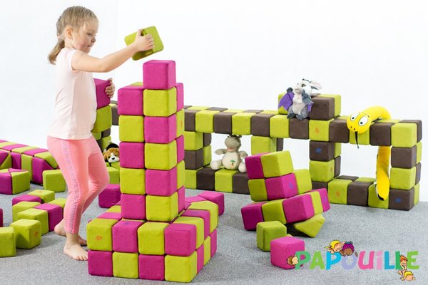 Motricité - Jeux de Motricité Libre - Cubes de constructions magnétiques de psychomotricité tissu 100 pièces bleu
