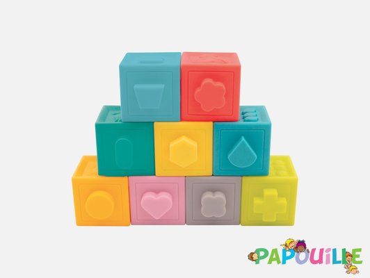 Jouets - Jouets à Empiler ou à Encastrer - Cubes souples emboîtables texturés et colorés lot de 9