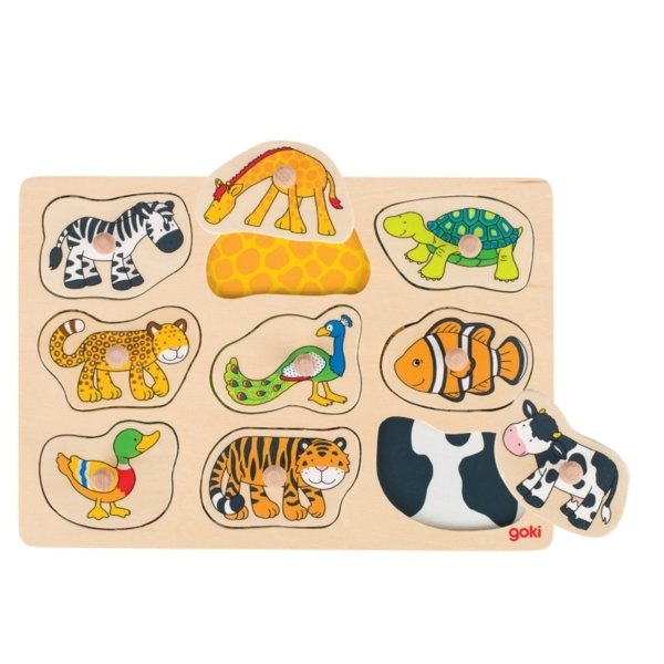 Puzzle en bois à encastrer avec images cachées : animaux et petit goki