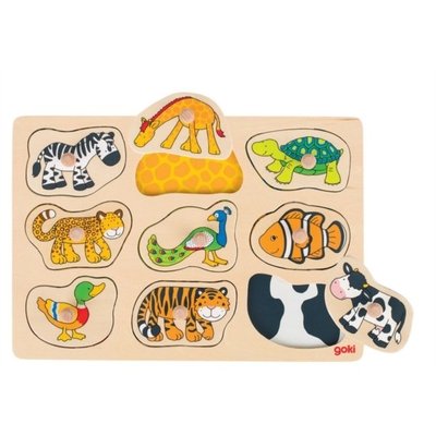 Jeux - Jeux Éducatifs et Puzzle - Puzzle à encastrer avec bouton en bois animaux caché 9 pcs ( pour les enfants de 1 an et plus )