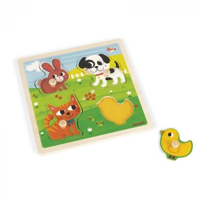 Puzzle en bois bébé avec boutons à encastrer animaux 4 pièces enfant 1 an