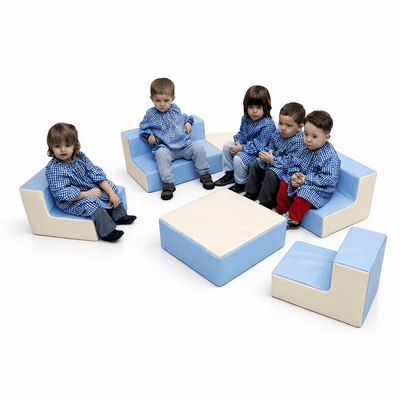 Mobilier - Meuble en mousse et Pouf - Banquette 3 places en mousse - hauteur 15 cm - Bleu pastel et crème