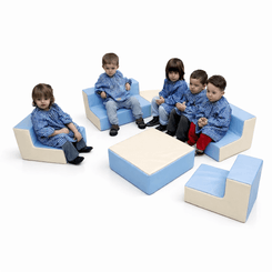 Mobilier - Meuble en mousse et Pouf - Banquette 3 places en mousse - hauteur 15 cm - Bleu pastel et crème