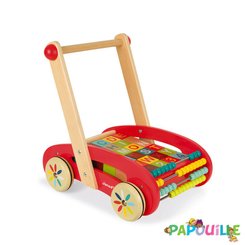 Jouets - Jouets à Pousser, à Tirer - DE // Chariot à pousser en bois avec cubes enfants