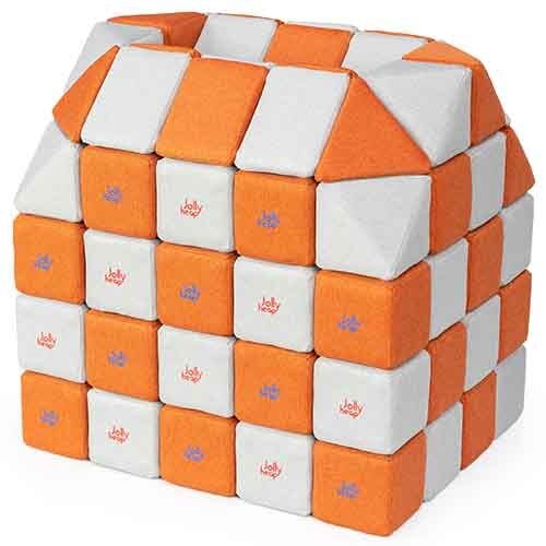 Cubes de constructions magnétiques de psychomotricité tissu 100 pièces orange et blanc
