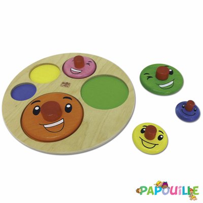 Jeux - Jeux Éducatifs et Puzzle - Destockage puzzle éducatif à encastrer à boutons en bois cercle rigolos 5 pièces ( pour les enfants de 18 mois et plus )