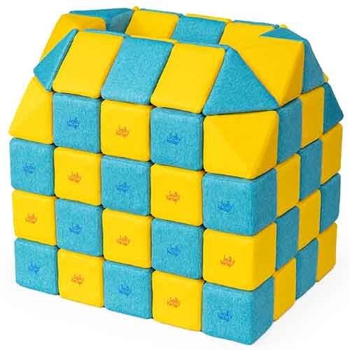 Cubes de constructions magnétiques de psychomotricité tissu 100 pièces jaune et turquoise