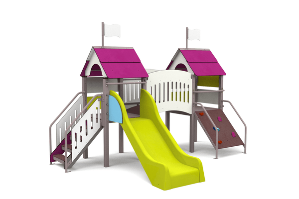 Mobilier - Aire de jeux et structure extérieure - Aire de jeu extérieur double cabane avec mini-pont montage en surface - fixations courtes
