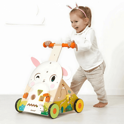 Jeux - Porteurs, Draisiennes, Marcheurs - Chariot de marche Multi-Activités Lapin en bois - Prix Parent