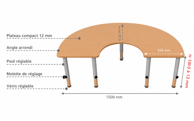 Mobilier - Table crèche et scolaire - Table Demi Lune Pied Réglable