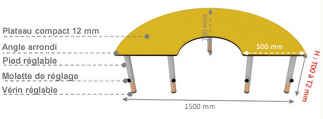 Mobilier - Table crèche et scolaire - Table Demi Lune Pied Réglable