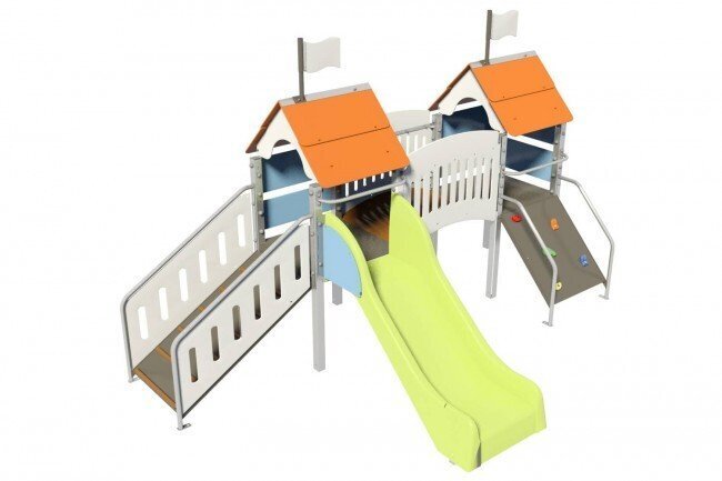 Aire de jeu enfant extérieur double cabane avec mini-pont montage en profondeur