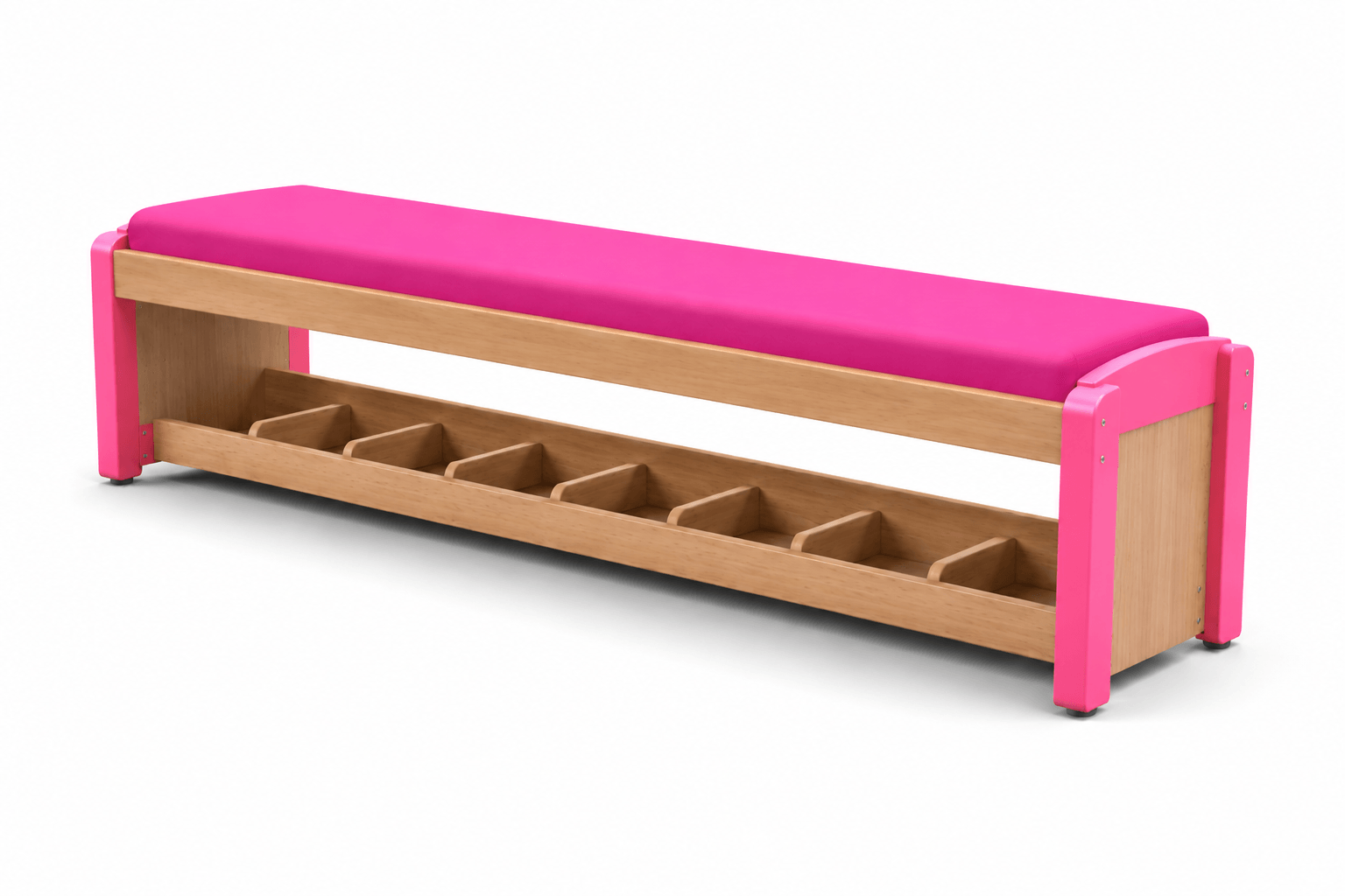 Banc d'accueil en bois avec casiers à chaussures framboise