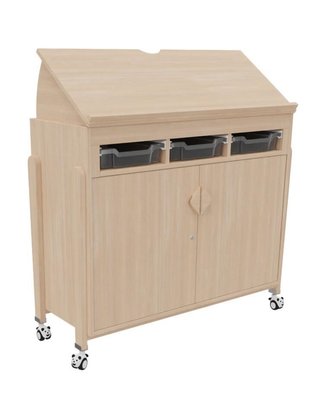 Mobilier - Meuble de rangement scolaire - Meuble bas mobile a roulettes vernis