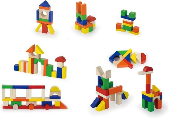 Jouets - Jeux de Construction - Blocs à empilés en bois - 100 pièces