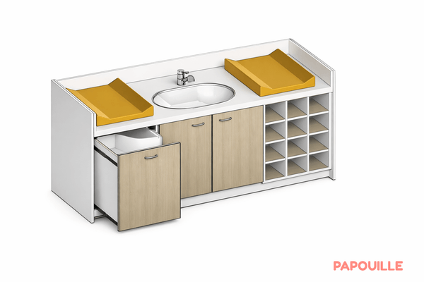 Change - Meuble à Langer crèche - Table à langer 1 cuve - casier - escalier - 215 cm