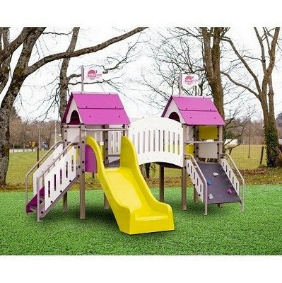 Mobilier - Aire de jeux et structure extérieure - Aire de jeu enfant extérieur double cabane avec mini-pont montage en profondeur prune