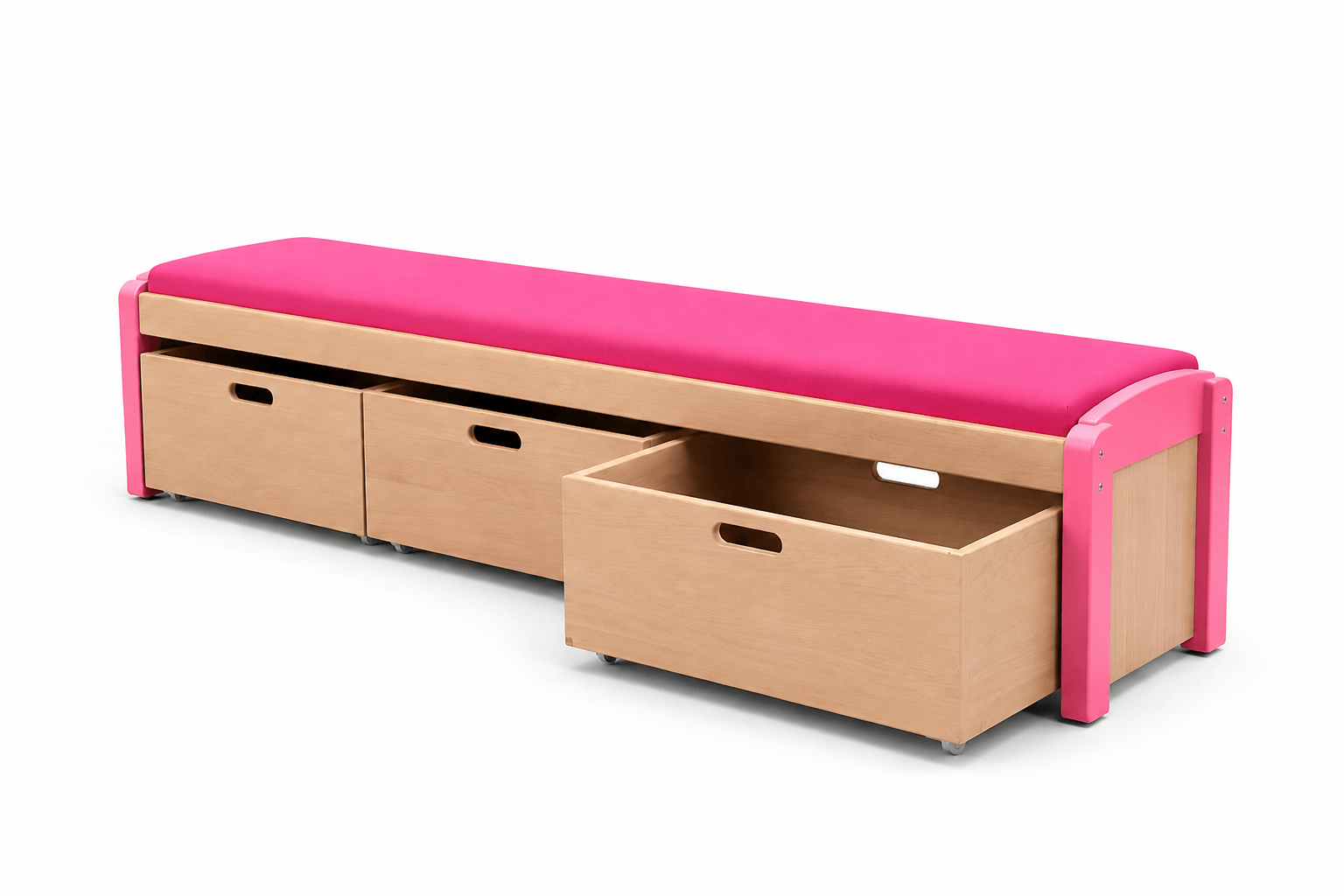 Banc et ses 3 casiers à roulettes framboise