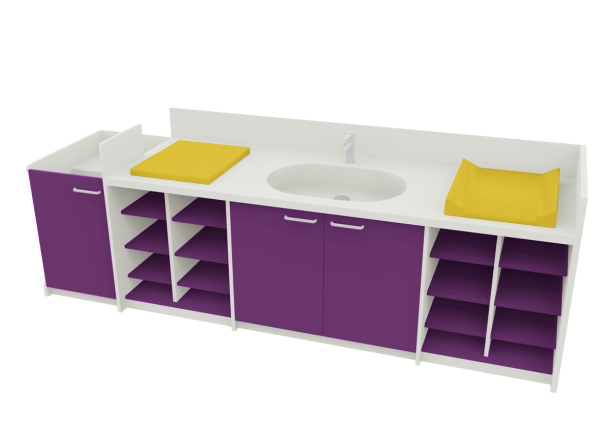 Meuble à langer 1 vasque 2 plans de lange avec escalier rose velours
