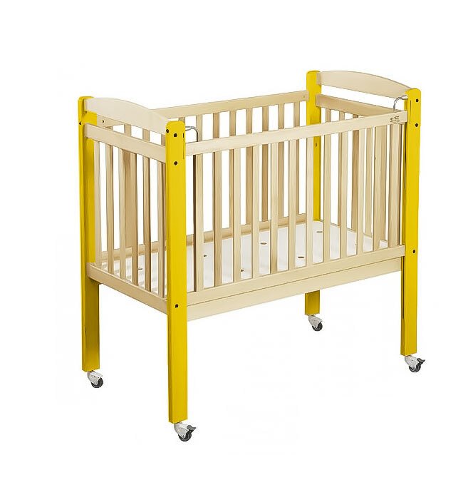 Lit crèche en bois bébé réglable 3 hauteurs à panneau 120 x 60cm jaune