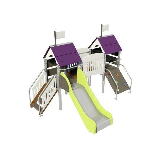 Aire de jeu enfant extérieur double cabane avec mini-pont montage en profondeur prune