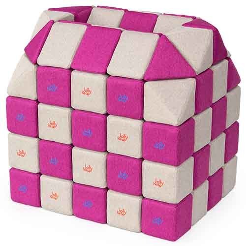 Cubes de constructions magnétiques de psychomotricité tissu 100 pièces fuchsia et blanc