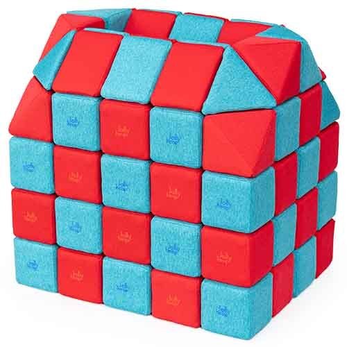 Cubes de constructions magnétiques de psychomotricité tissu 100 pièces turquoise rouge
