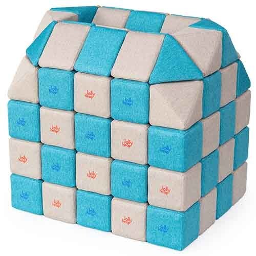 Cubes de constructions magnétiques de psychomotricité tissu 100 pièces turquoise et blanc