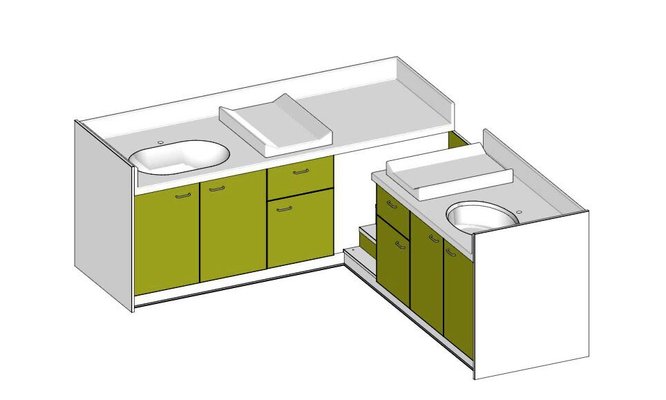 Change - Meuble à Langer crèche - Meuble à langer d'angle sur mesure 2 cuves avec rangements - 2400/2850 x 850mm