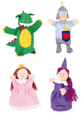 Jeux - Marionnettes, Théâtre  - Lot de 4 marionnettes - Chevalier, Princesse, Dragon, Reine