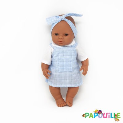Jouets - Poupons, Peluches et Accessoires - Poupée corps dur sans cheveux 30cm métis robe bleu