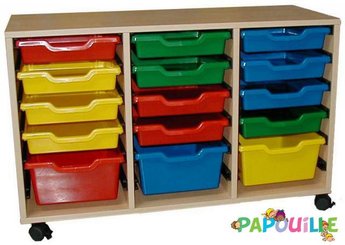 Mobilier - Meuble de rangement scolaire - Meuble 3 colonnes avec 12 petits bacs et 3 grands bacs de rangements