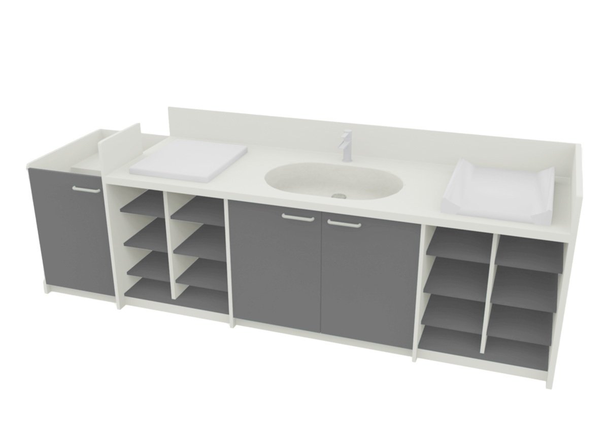 Meuble à langer 1 vasque 2 plans de lange avec escalier gris