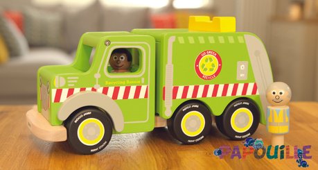 Jouets - Garages, Voitures et Circuits pour Enfant - Camion de recyclage en bois avec figurines