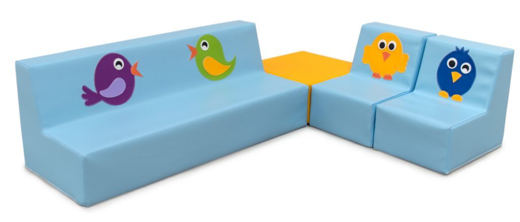 Ensemble canapé, fauteuils et table en mousse avec dessin oiseaux bleu