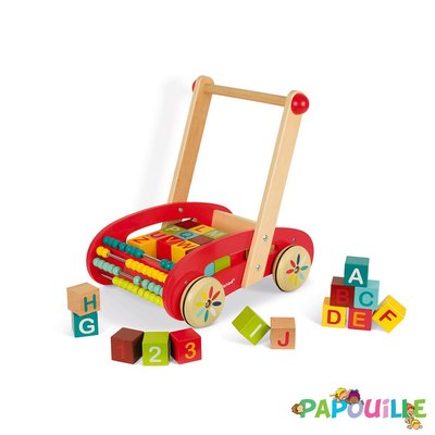 Jouets - Jouets à Pousser, à Tirer - DE // Chariot à pousser en bois avec cubes enfants