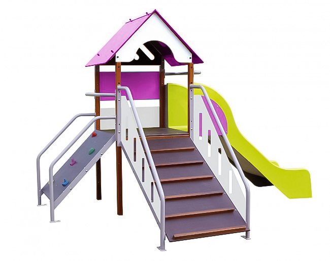 Aire de jeu enfant extérieur cabane baby grimpe avec rampe montage en surface