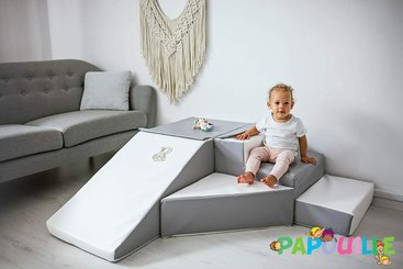 Motricité - Parcours de Motricité Maternelle - Parcours d'angle podium avec escalier et toboggan gris