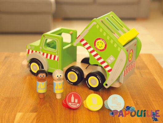 Jouets - Garages, Voitures et Circuits pour Enfant - Camion de recyclage en bois avec figurines