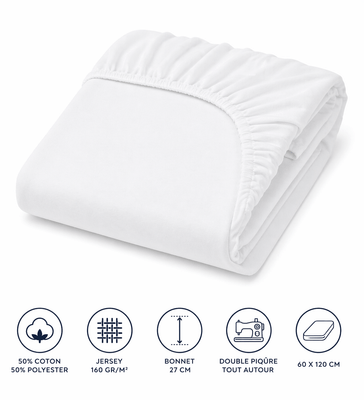Couchage - Linge de Lit Bébé, Enfant  - Drap housses polycoton jersey blanc 60 x 120 cm